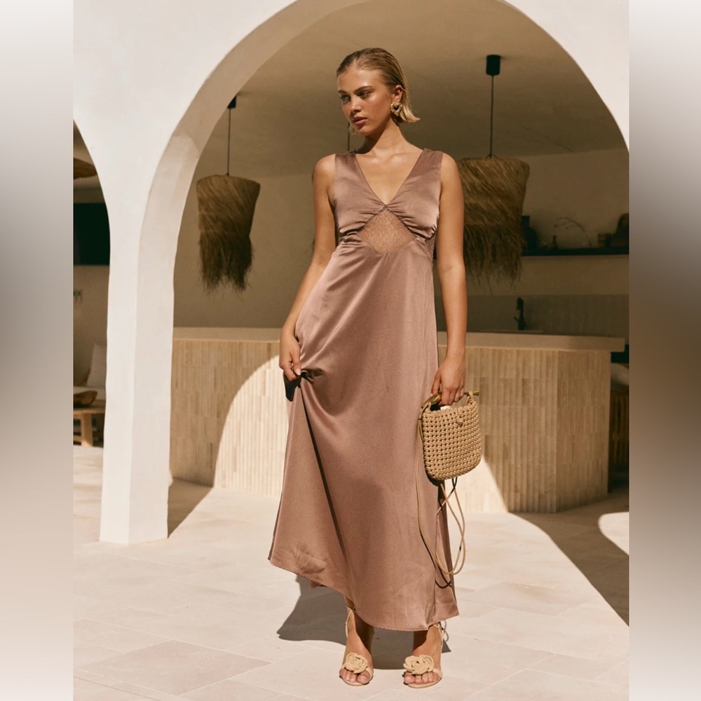Sabo Skirt Taupe Satin V-Neck Maxi Dress